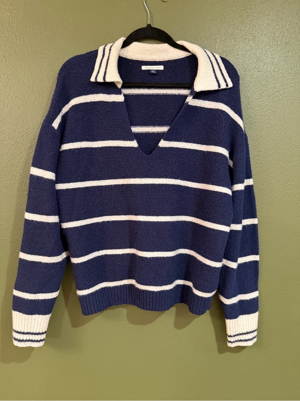American Eagle Outfitters Navy & White Striped V-Neck Sweater